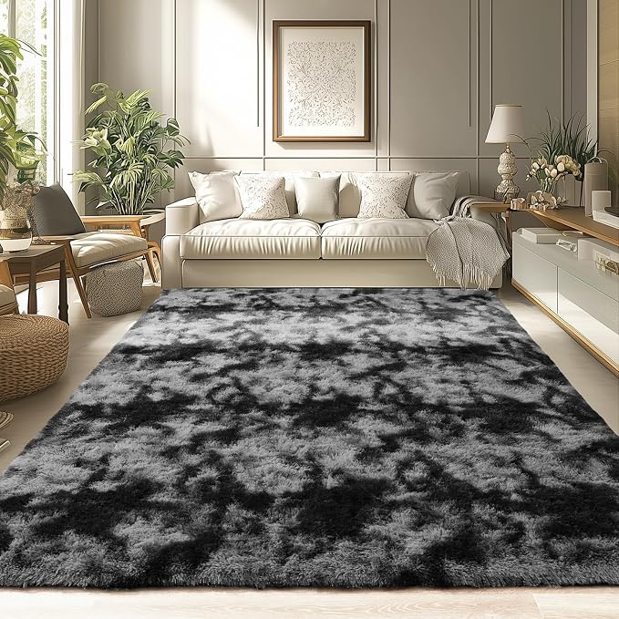 Modern Soft Fluffy Small Shaggy Rug for Bedroom Livingroom Dorm Kids Room Indoor Home Decorative, Non-Slip Plush Furry Fur Area Rugs Comfy Nursery Floor Carpet 5X7 Feet,Tie-Dyed Deep Grey