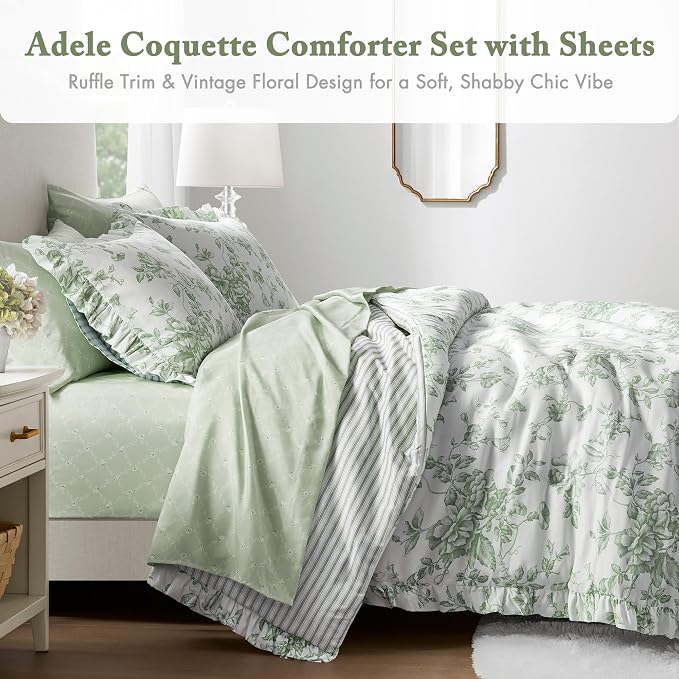 Madison Park Essentials Green Floral Comforter Set with Sheets Queen,7pc | Vintage, Ruffle Bed in a Bag, Reversible, Elegant Bedding Set, All Season, Machine Washable, Wrinkle Resistant, Ultra Soft