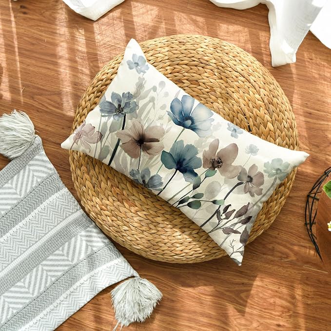 AVOIN colorlife Poppy Flowers Blue Brown Throw Pillow Cover 12x20 Inch | Chinoiserie Seasonal Leaves Cushion Case Decoration for Sofa Couch Farmhouse