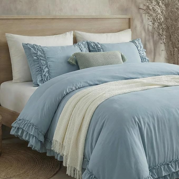 Grayish Blue Duvet Cover Queen Vintage Ruffled Bedding Shabby Chic Boho Bedroom Decor Super Soft All Season Ruffle Duvet Cover Set