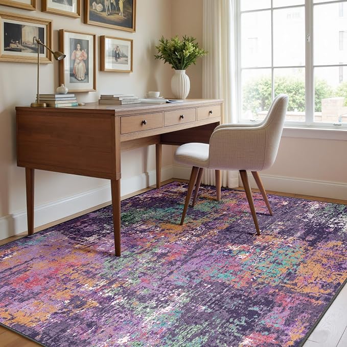 RELEANY Washable 5'x8' Abstract Area Rug for Living Room Purple Multi | Carpet for Bedroom, Kitchen, Office, Hallway and Entryway, Printed Pattern, Non‑Slip, Soft, Stain‑Resistant, Easy to Clean