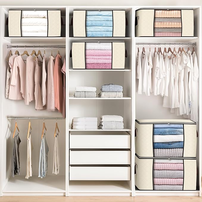 90L Large Storage Bags, 6 Pack Clothes Storage Bins Closet Organizers | Foldable Storage Containers, with Reinforced Handle, for Clothing, Blanket, Comforters, Bed Sheets, Pillows and Toys