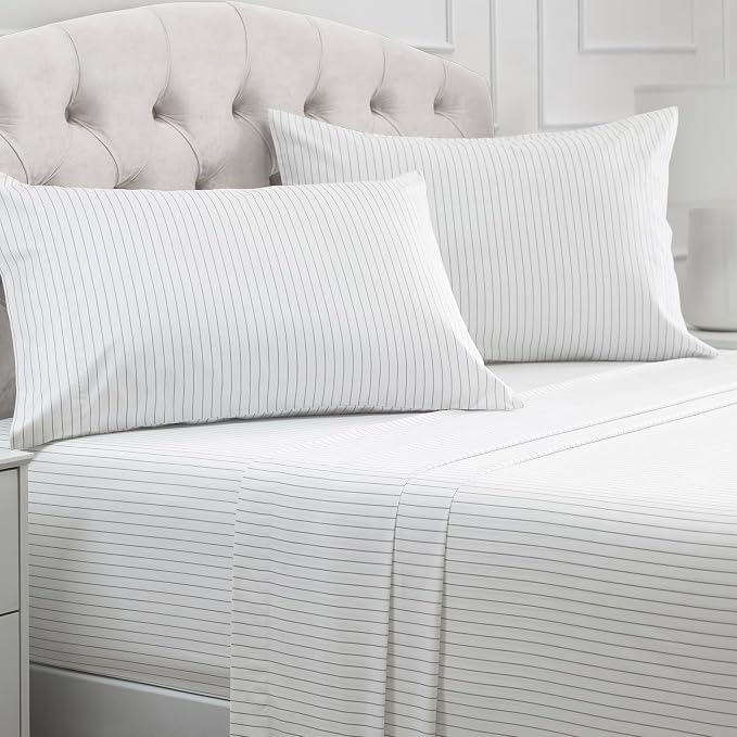 Mellanni Iconic 4-Piece, Ultra Soft Sheet Set (King, Pinstripe Gray) | 10M+ Sleepers. Lab-tested: Sleeps Cool, Stays Bright, Strong, Smooth. Good Housekeeping Best Bedding, 7 yrs running.