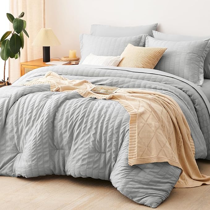 Queen Comforter Set, 7 Pieces Light Grey Seersucker Bed in a Bag | OEKO-TEX Certified, All Season Bedding Set with 240 GSM Down Alternative Comforter, Flat & Fitted Sheets, Pillowcases & Shams