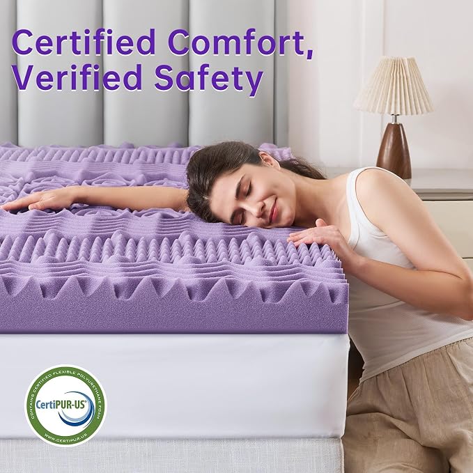 MUXHOMO 3.9 Inch 7-Zone Cal King Mattress Topper, Egg Crate Memory Foam Mattress Topper Cal King for Back Pain, Lavender Gel Infused Bed Pad, CertiPUR-US and Oeko-TEX Certification (83"×71")