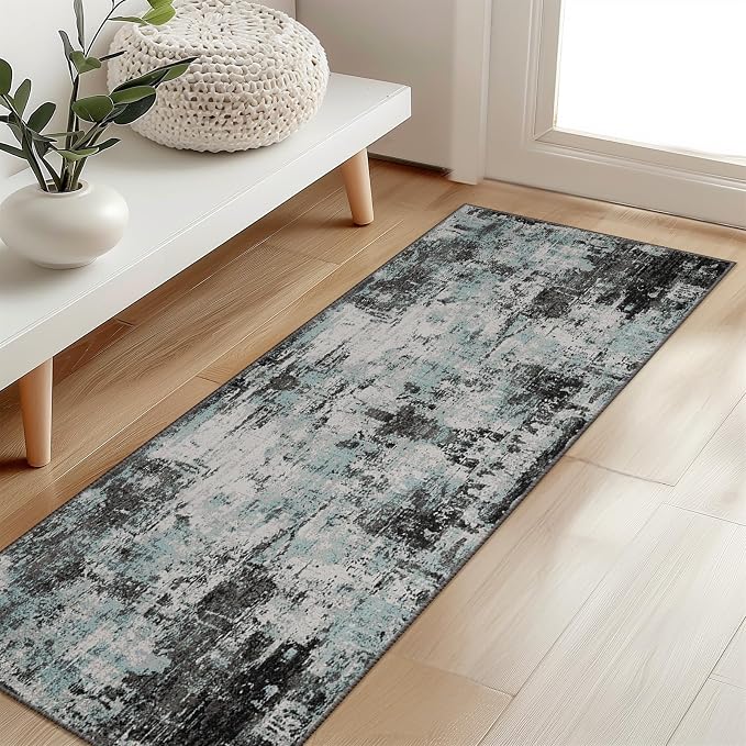 RELEANY Washable Runner 2'x6' Abstract Area Rug for Hallway Teal Black | Carpet for Kitchen, Entryway, Bathroom, Living Room, Bedroom, Printed Pattern, Non‑Slip, Soft, Stain‑Resistant, Easy to Clean