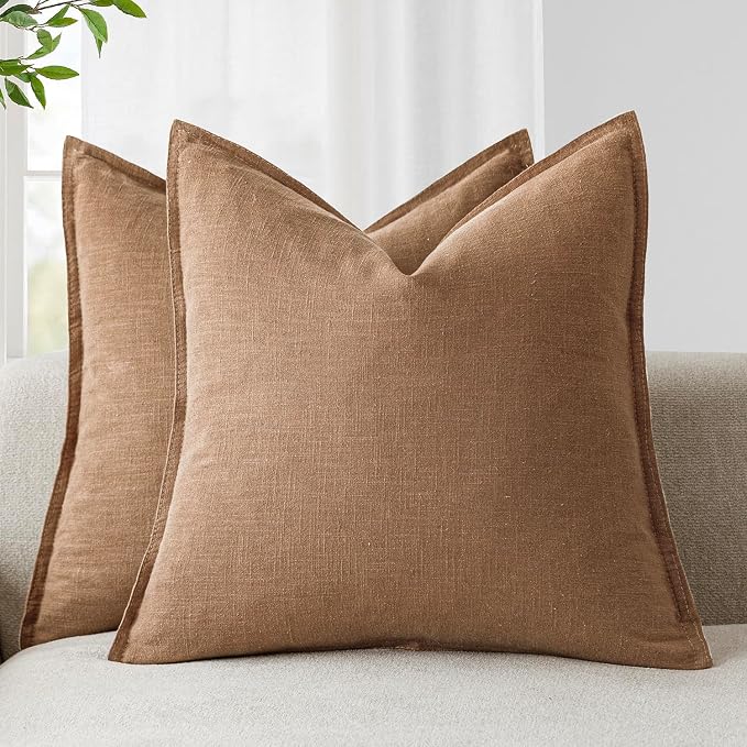 Foindtower Linen Solid Decorative Throw Pillow Covers 16x16 Light Brown | Pack of 2 Boho Farmhouse Morden Pillowcase,Accent Neutral Cushion Covers,Home Decor for Chair Couch Sofa Bedroom Living Room