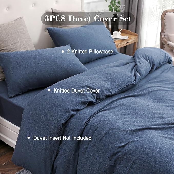 PURE ERA Jersey Knit Sheet Set Heather Navy Blue Queen | 100% Cotton, 3 Piece Set, T Shirt Soft, Breathable, Envelope Closure Pillowcases, Hidden Zipper, 8 Ties, No Insert, Modern