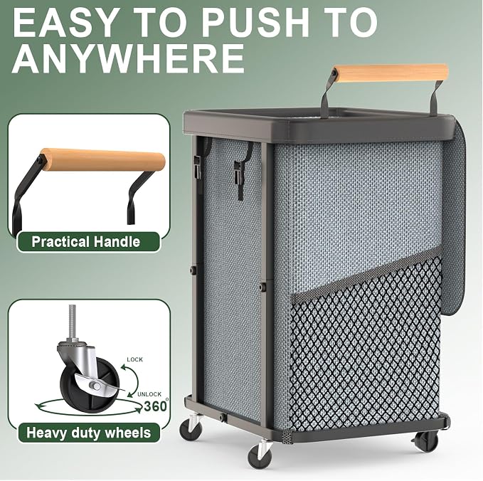 150L Laundry Basket with Wheels,Rolling Basket Hamper with Lid&Handle Gray | Laundry Organizer Storage Cart with Heavy Duty Sturdy Metal Frame for Home, Hotel, Laundry Room