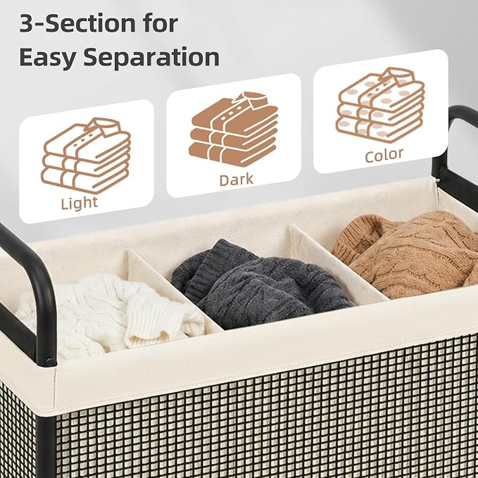 STORAGE MANIAC Rolling Laundry Hamper with Wheels 3-Section Laundry Sorter Rolling Laundrys Basket on Wheels with Removable Bag Clothes Hamper Laundrys Organizer Cart Bathroom Bedroom 120L Beige