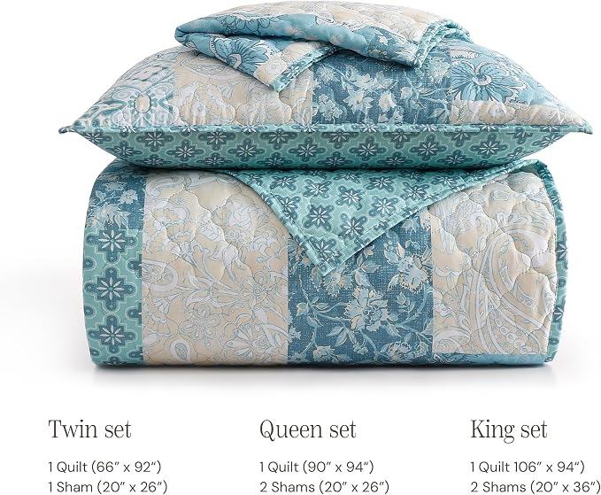 Twin/Twin XL Quilt Set-2 Pieces Soft Bedding Floral Patchwork Coverlet | All Seasons Lightweight Quilts Queen Size, 1 Quilt (66" x 92") and 1 Sham (20" x 26"), Reversible Bedspread, Blue Tile