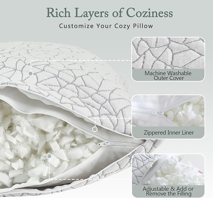 BPC Premium Rayon Derived from Bamboo Firm Pillows King Size Set of 2 - Hypoallergenic Shredded Memory Foam Pillows with Removable Cover Bed Pillows for Side Stomach and Back Sleepers, CertiPUR-US