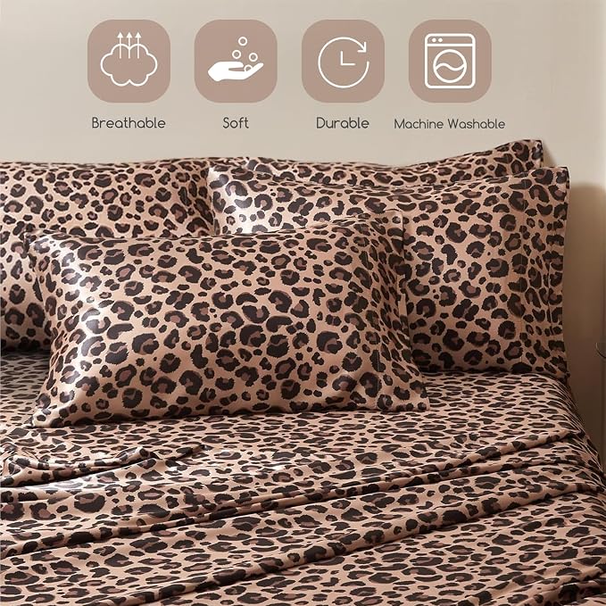 MR&HM Satin Sheets Queen Size with Elastic Corner Straps, Brown Leopard | Similar to Silk, 6-Piece Silky Soft Bed Sheet Set, Gentle on Skin and Hair, 15" Deep Pocket, Cooling & Breathable