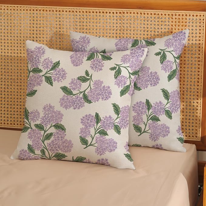 Purple Pink Spring Pillow Covers 16x16 Inch 2 Pcs Green Hydrangea Flower Decor Throw Pillows Vintage Floral Seasonal Summer Outdoor Decoration Pillowcase Linen Cushion Cover for Couch Sofa