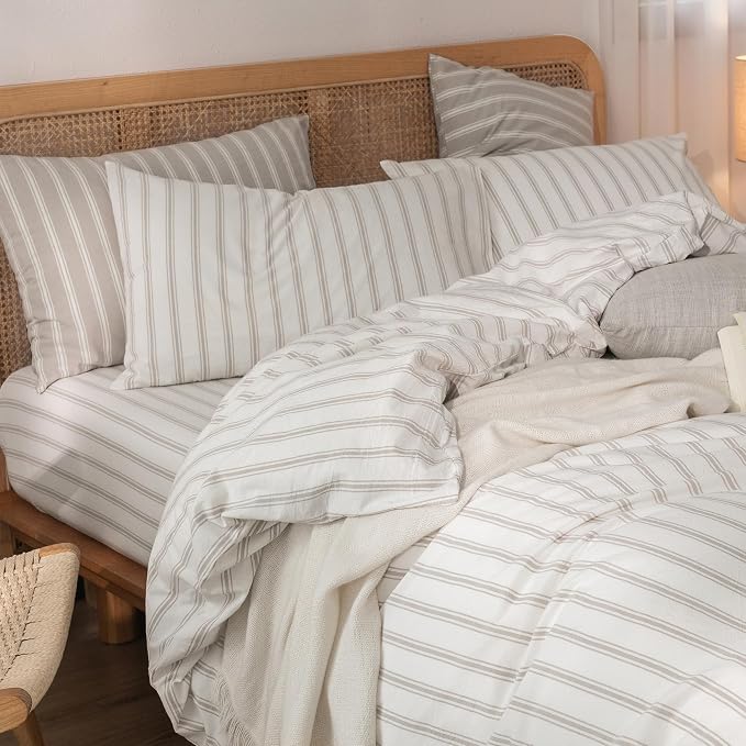 BESTOUCH Striped Cotton Duvet Cover Set Linen Feel Oversized Full | 100% Washed Cotton, Soft Wrinkle Texture, Hidden Zipper, 8 Ties, Breathable Lightweight Durable Comfy, 3 Pcs No Insert