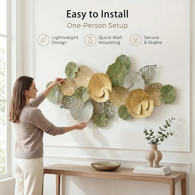 Axioglo 51" Large Wall Decor 3D Lotus Leaf Metal Wall Art for Living Room | 51" x 26" metal wall decor with layered metal texture, mounting hardware, two-way display