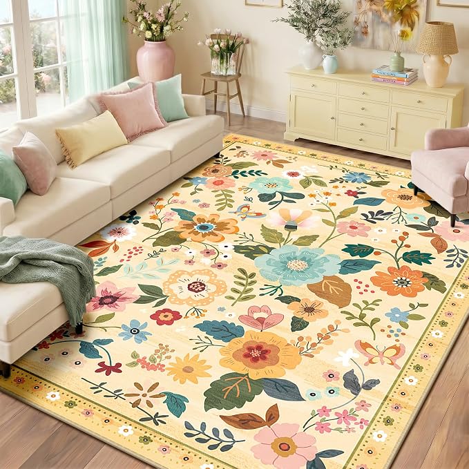 RELEANY Floral Washable 9x12 Area Rugs Yellow/Orange | Flower Carpet, Print, Boho, Non-Slip, Easy to Clean, Soft, Low Pile for Living Room Bedroom Kitchen Office Entryway Hallway