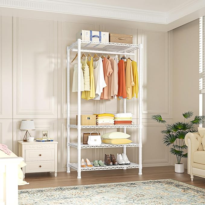 Ulif H2 Heavy-Duty Portable Closets, 4-Tier Freestanding Garment Rack Suit for Small Space and Corner, Closet Organizer System Portable Closet Wardrobe, Max Load 500 LBS, White | Metal Closet System for Hanging Clothes with Shelves and Hangers, Clothin...