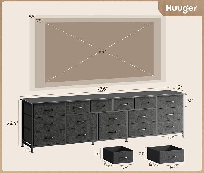 Huuger 77.6" Long Dresser for Bedroom, 16 Drawer Fabric Dresser for Closet, Wide Chest of Drawers with Storage, TV Stand for 65, 75, 85 Inch TV, 77.6" W x 13" D x 26.4" H, Black