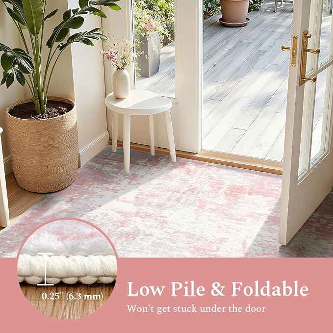 Rugflix 8x10 Area Rugs for Bedroom, Washable Pink Large Rug | Machine Washable; Stain-Resistant; Low Pile; Non-Slip; Modern Abstract; Carpet for Nursery Girls Room Living Office Home
