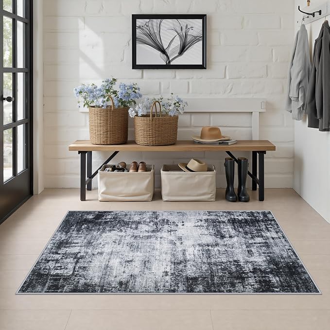 Area Rug Living Room: 3x5 Modern Washable Soft Carpet Dark Black | For Hallway, Bedroom, Kitchen, Laundry, Bathroom,Door Mat,Modern Abstract,Machine washable,Non-Slip,Stain Resistant,Indoor
