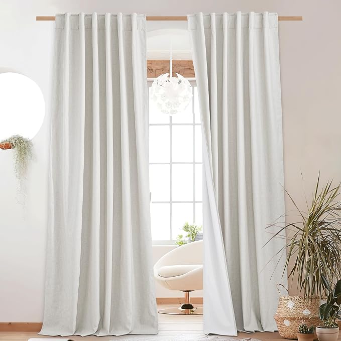 NICETOWN Back Tab 100% Blackout Linen Curtains 90" Length 2 Panels, Ivory | Thermal Insulated, Noise Reducing Textured Linen Look Windows Curtains for Daytime Sleepers Relaxation, W52" x L90" Each