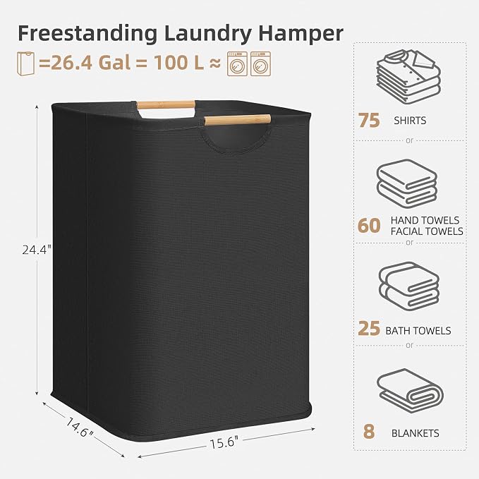 STORAGE MANIAC 1-Pack Large Laundry Hamper, 100L (26.4 Gal) Collapsible Laundry Basket with Bamboo Handles, Freestanding Waterproof Clothes Hamper for Laundry Room, Bedroom, Dorm, Towels, Black
