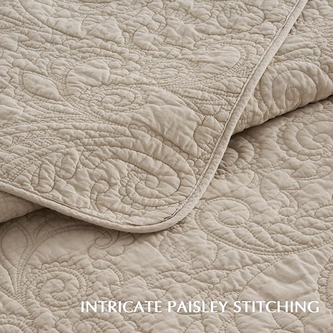 EVERGRACEHOME 100% Cotton Paisley Quilt Set, Oversized King, Flax Beige | Prewashed for Softness, Year-Round Breathability, Gift-Ready Box, Matelasse-style Quilted Coverlet, 3 Piece Set with 2 Shams