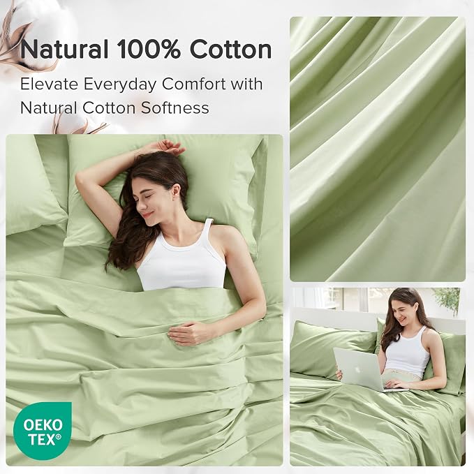 Comfort Spaces 100% Cotton Percale Sheets Twin XL Size 3 Piece, Sage Green | Crisp, Cool & Breathable Bed Sheets, 12" Deep Pocket Fits Up to 14" Mattress, Lightweight, All Season Cozy, with Pillow Case