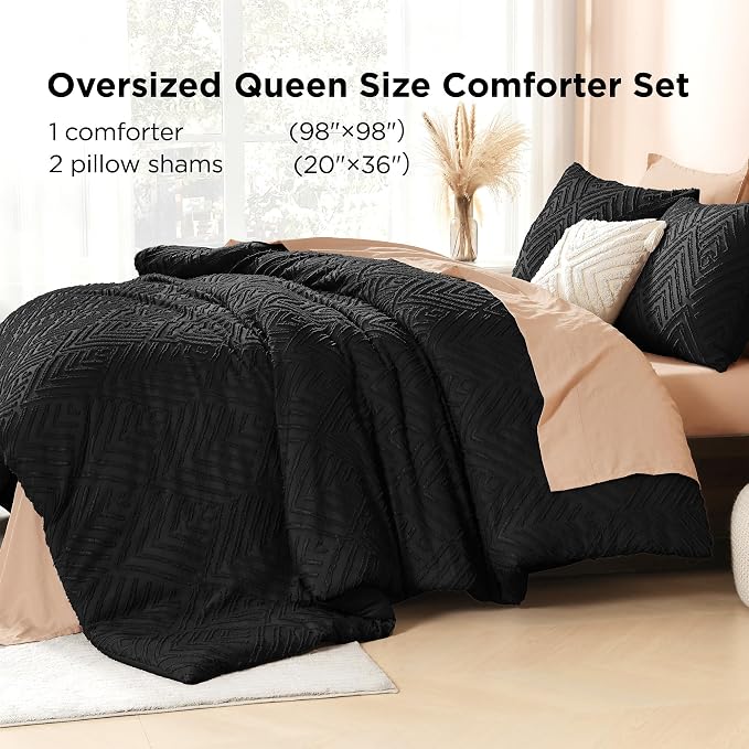 Litanika Oversized Queen Comforter Set, 3 Pcs Black Tufted Boho Bedding Set | Farmhouse Shabby Chic Vintage Bohemian Textured Aesthetic Soft Fluffy Lightweight Breathable All Season Bed Set