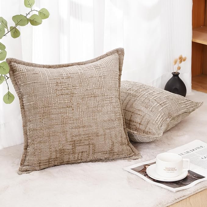 HPUK Chenille Throw Pillow Covers 18x18 Inch, Soft Woven Texture, Set of 2 | Plush woven texture, invisible zipper, couch sofa bed bedroom living room decor, square cushion covers, inserts not included