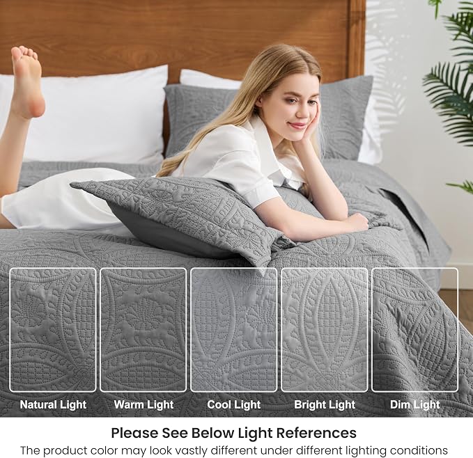 Love's cabin Oversized King Size Quilt Bedding Set Grey Bedspreads - Oversized King Lightweight Bedspread Comforter - Coin Pattern Coverlet for All Season - 3 Pieces (1 Quilt, 2 Pillow Shams)