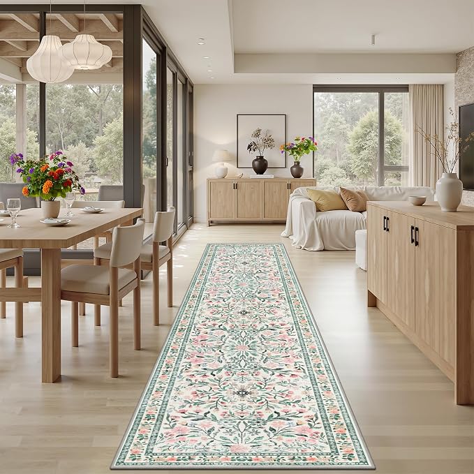 PLHXFR 3x10 Washable Runner Rug：Floral Indoor Kitchen Carpet Green Beige | For Hallway Bedroom Kitchen Laundry Bathroom Dorm,Vintage Floral,Machine washable,Non Slip,Stain Resistant,Indoor Floor