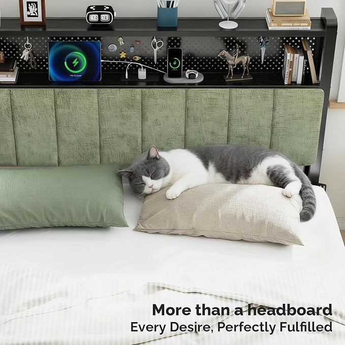 VINGLI Chenille Green Upholstered Bookcase Headboard Only Full Size Height Adjustable Headboard with 2 Tier Shelves, LED Lights and Charging Station for Bed, Bedside Storage