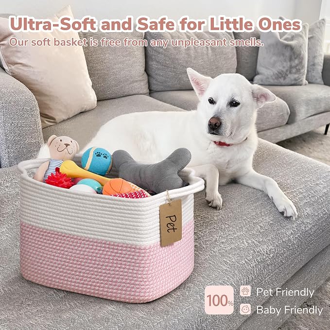 Goodpick Woven Rope Storage Basket for Shelves, Rectangle, Pink & White | 13" × 10" × 9" Stylish Gift Basket for Nursery & Bedroom Organization, Fits Toys & Baby Essentials Storage, Writable Label
