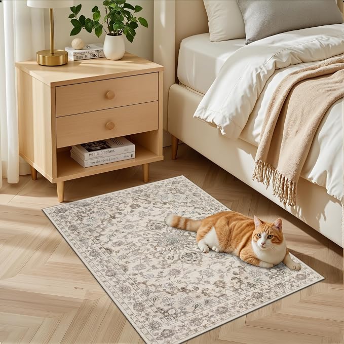 2x3 Area Rugs Living Room: Washable Rug for Bedroom Brown Beige | Boho No Slip Stain Resistant Rug Soft Indoor Decor Floor Floral 2x3 Area Rugs for Dining Room, Nursery, Hallway, Home Office