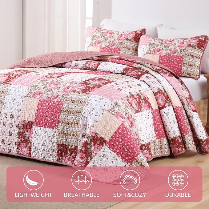 Anibedding Floral Patchwork Quilt Set King Size, Red Rose Plaid Bedspread | Country Floral Boho Coverlet Set, Soft Lightweight Farmhouse Quilt Bedding Set 3 Pieces for All Season, 110''x90''