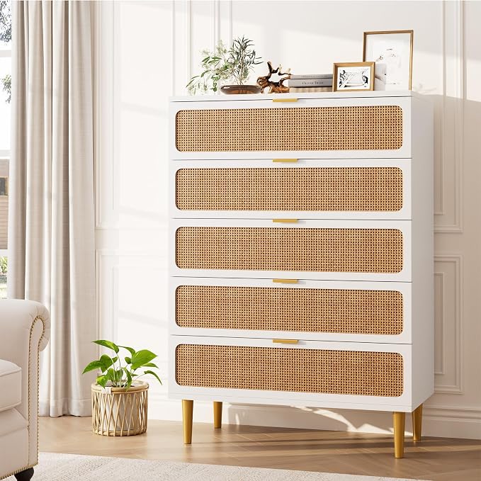 GarveeHome Rattan 5 Drawer Dressers for Bedroom, Deep Drawer, White | Tall Dresser, Wide Top, for Living Room, Hallway, Kids Room, Large Chest of Drawers for Closet, Long Wooden Dresser