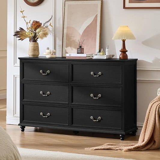Joaxswe Farmhouse 6 Drawers Dresser for Bedroom, Vintage 54" Wide Chest of Drawers w/ 4 Wooden Legs, Rustic Large Closet Storage Dressers Organizer for Hallway, Wood TV Stand for Living Room, Black