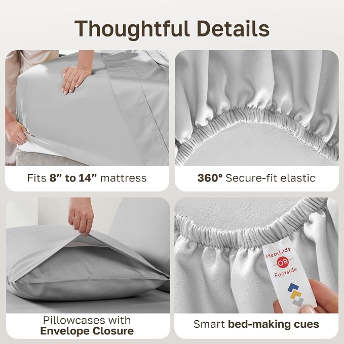 Soft Natural 100% Cotton Sateen Full Sheets, 4 Pc Set, Light Grey | Backed by Good Housekeeping Seal, Light & Breathable For Hot Sleepers, 14" Deep Pocket, All-Around Elastic, Durable