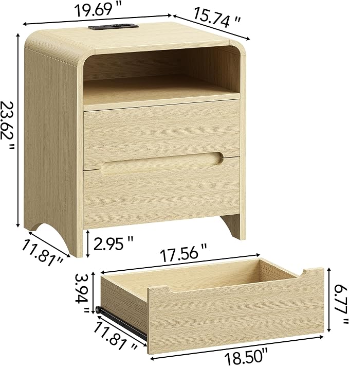 Decofy Nightstand Set of 2 with Charging Station & 2 Drawers, Light Oak | Mid Century Modern Curved Nightstands with Built-in Charging Station, Storage Space and 2 Hidden Handle Drawers