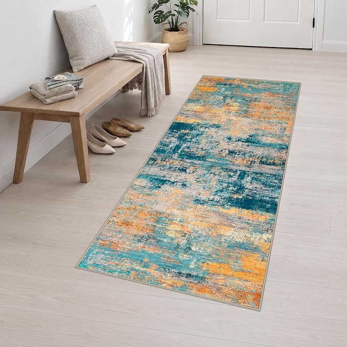 2.6x8 Washable Runner Rug：Modern Abstract Soft Carpet Rosy Haze | For Hallway, Bedroom, Kitchen, Laundry, Bathroom,Door Mat,Modern Abstract,Machine washable,Non-Slip,Stain Resistant,Indoor