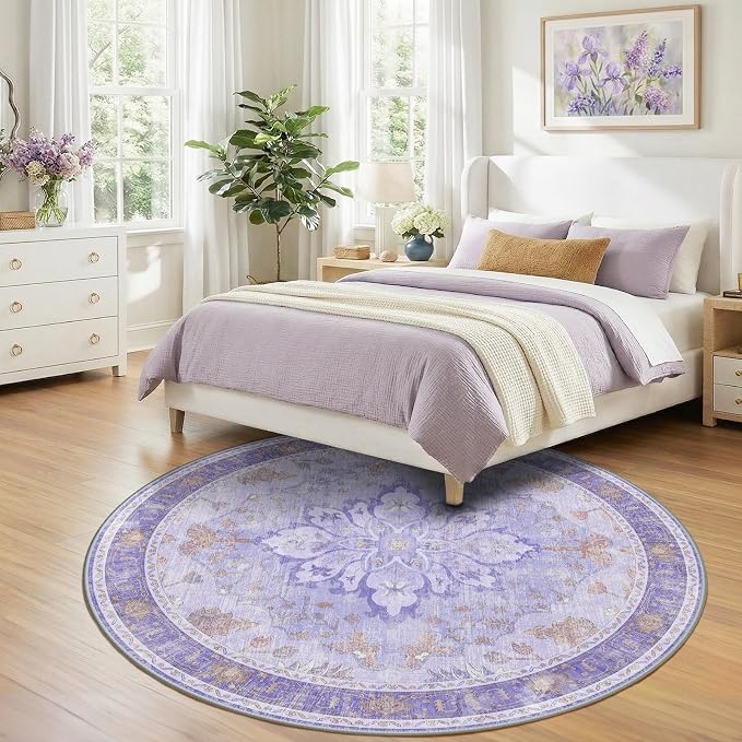 RELEANY Washable Area Rug, Round 7ft, Purple | Non-Slip, Water Repellent, Pet Friendly, Easy to Clean, Vintage Floral Boho Decor for Living Room Bedroom Dining Room