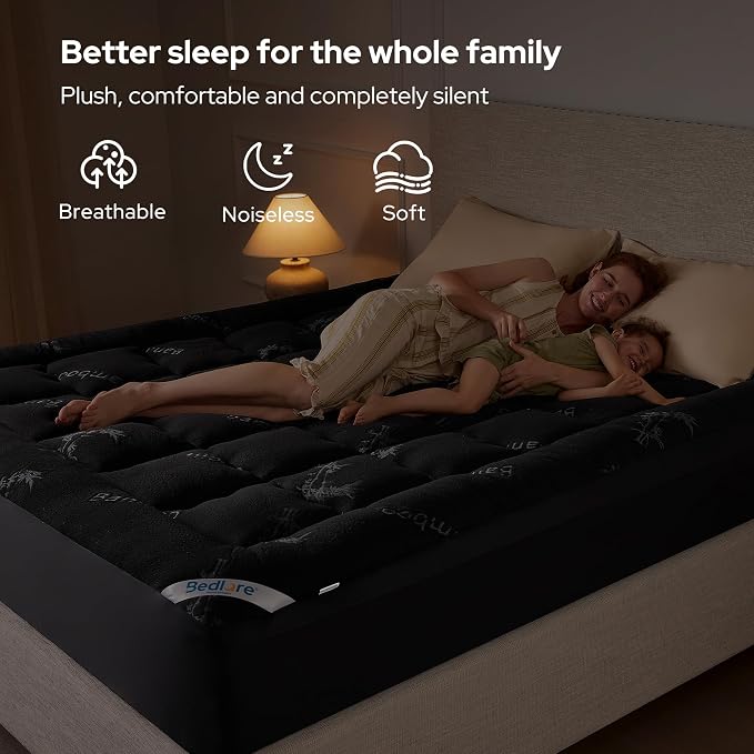 BEDLORE California King Mattress Topper, Thick Pillow Top Mattress Pad | Deep Pockets Fit 6"-18" Mattress, Soft Breathable Mattress Topper Viscose Bamboo for Back Pain & Hot Sleepers(Black)