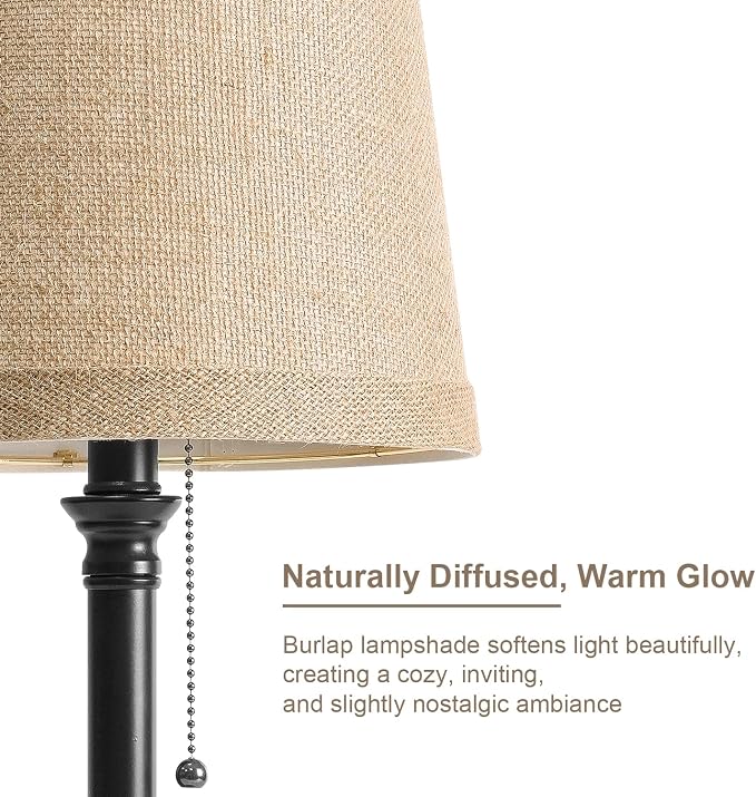 19.5" Black Rustic Table Lamps Set of 2 for Living Room Bedroom | Pull Chain Switch Bedside Table Lamps, Farmhouse Nightstand Lamp with Natural Shade, Small Lamp for End Table & Desk Light