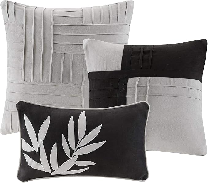 Madison Park Casual Blocks Suede Comforter Set, 7PC Queen Bedding Set | All Season, with Comforter, Bed Skirt, Decorative Pillows, Shams, Black Grey, Grey