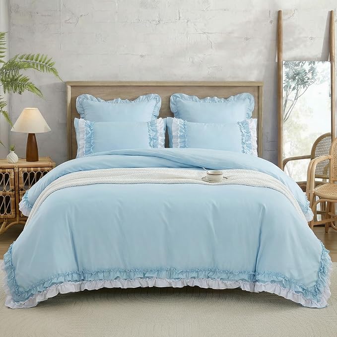 Bedrom Light Blue Duvet Cover King Ruffled Bedding Set Elegant Ruffle Lace Bedroom Decor Shabby Chic Farmhouse Style Blue Boho Duvet Cover Set