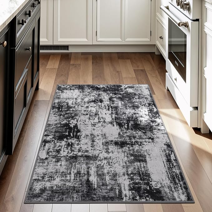 Rugflix 3x5 Entrance Rugs, Washable Black Grey Dark Entry Small Rug | Machine Washable; Stain-Resistant; Low Pile; Non-Slip; Modern Abstract; Carpet for Entryway Kitchen Hallway Home
