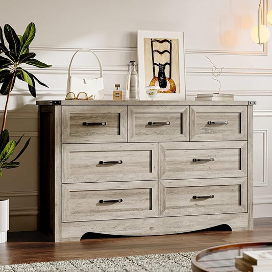 BORNOON 7-Drawer Dresser for Bedroom, Modern Wooden Chest of Drawers with Metal Handles, Anti-Tipping Design, Sturdy and Stable Storage Organizer for Living Room, Entryway, Home Office