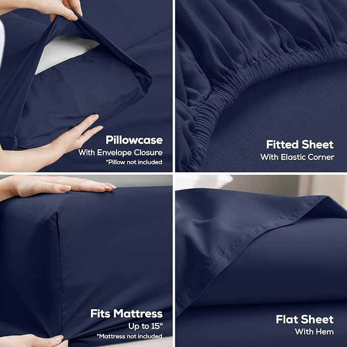 Queen Sheets Set, 4 Pieces 16" Deep Pocket Hotel Luxury Bed Sheets, Navy | Extra Soft Bedsheet Set, Comfy & Breathable Cooling Sheets, Wrinkle & Fade Resistant, Fitted Sheet, Flat Sheet, 2 Pillowcases
